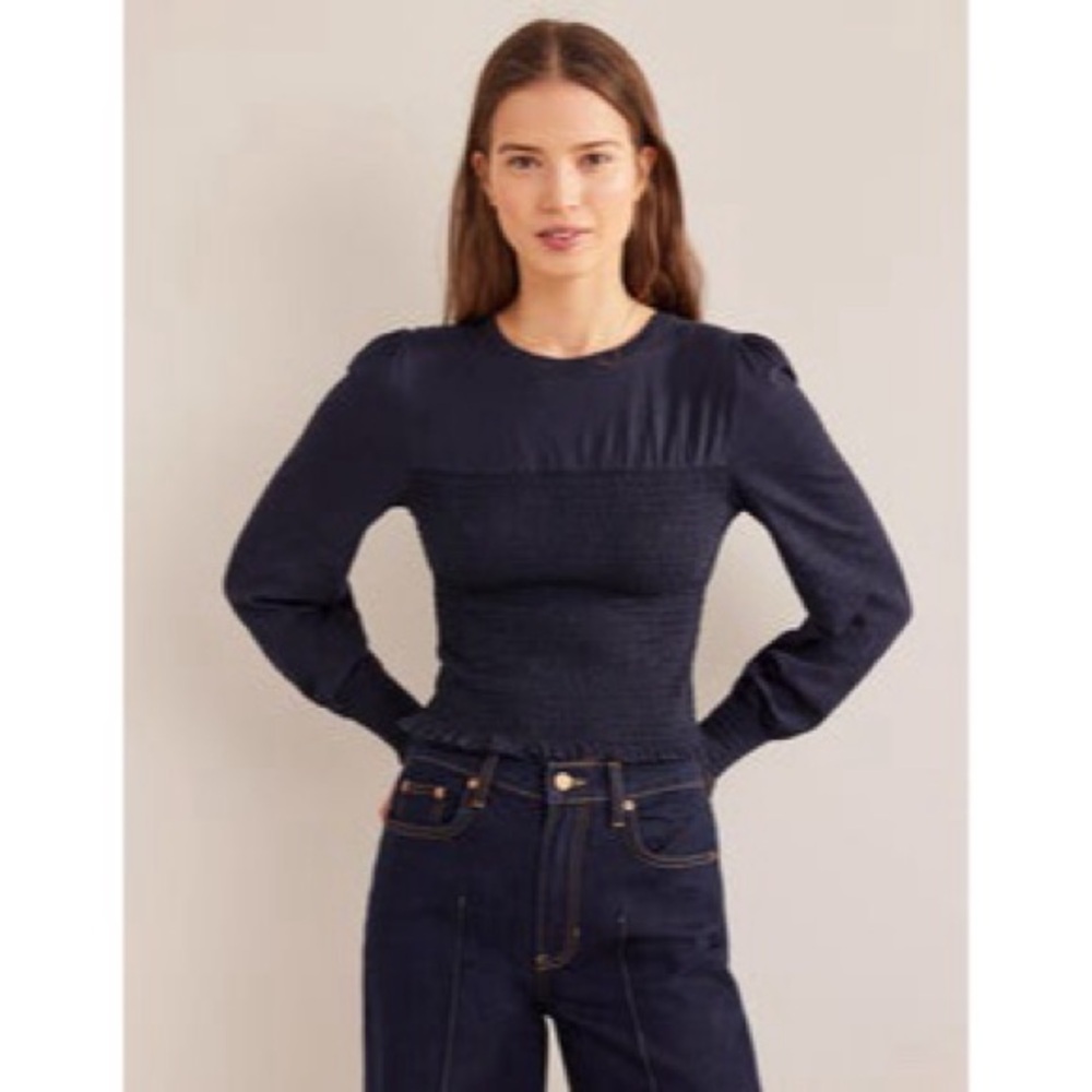 BODEN Women’s Smocked Bodice Cotton Long Sleeve Top in Navy Blue US 8